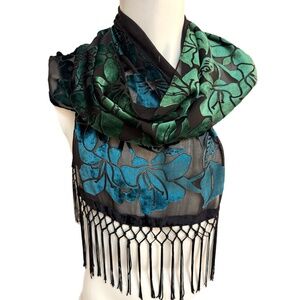 Iridescent Burnout Velvet Scarf – 100% Silk & Viscose Floral Dévoré Fringe Wrap